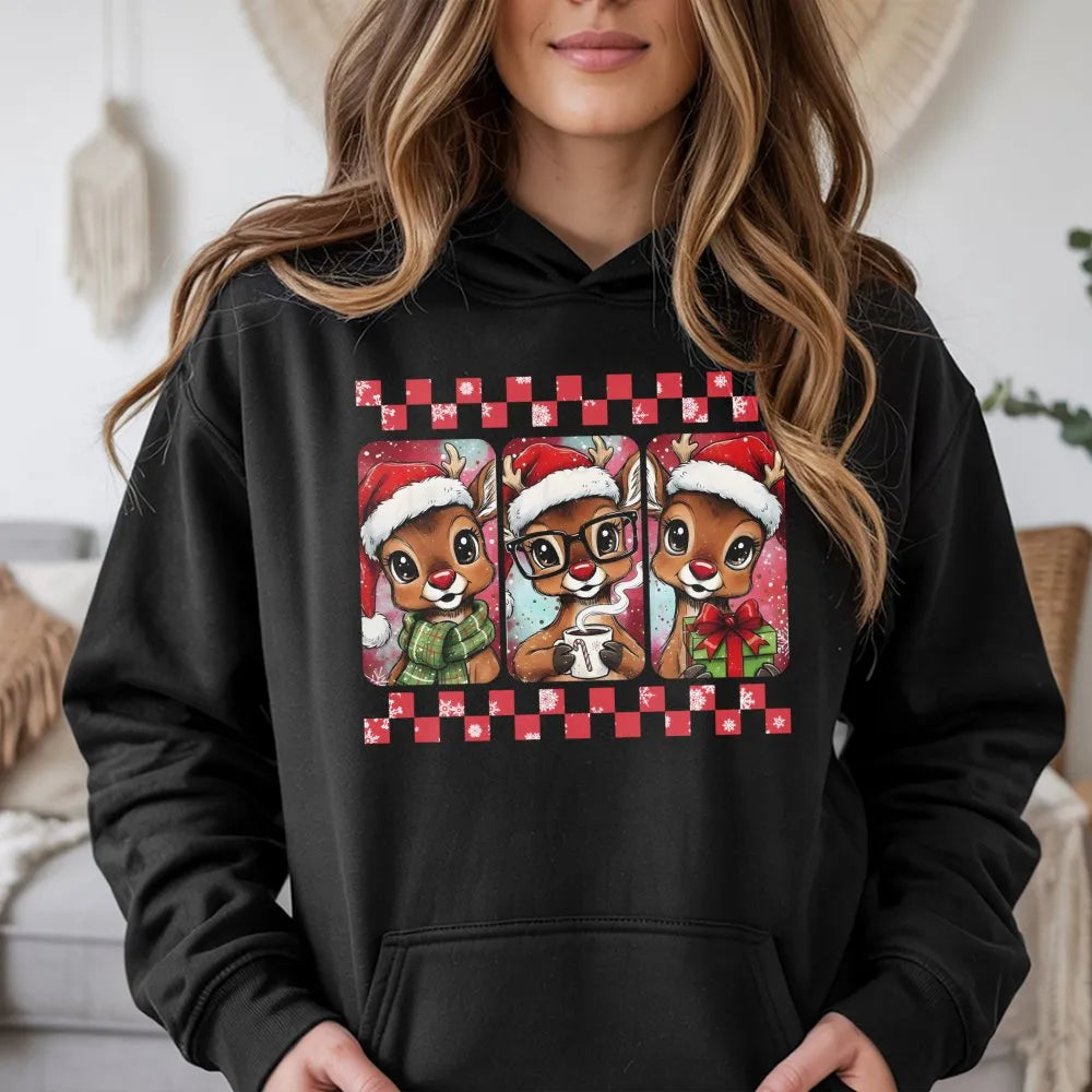Festive Deer Graphic Hoodie, Christmas Reindeer Hoodie, Adorable Holiday Animal Pullover, Winter Xmas Hooded Sweatshirt, Comf