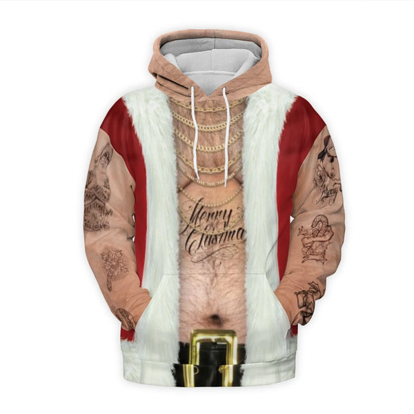 Hairy Chest Gold Chain Hoodie, Tattooed Santa 3D Hoodie, Humorous Ugly Christmas Sweater Hoodie, Bad Santa Graphic Pullover, 