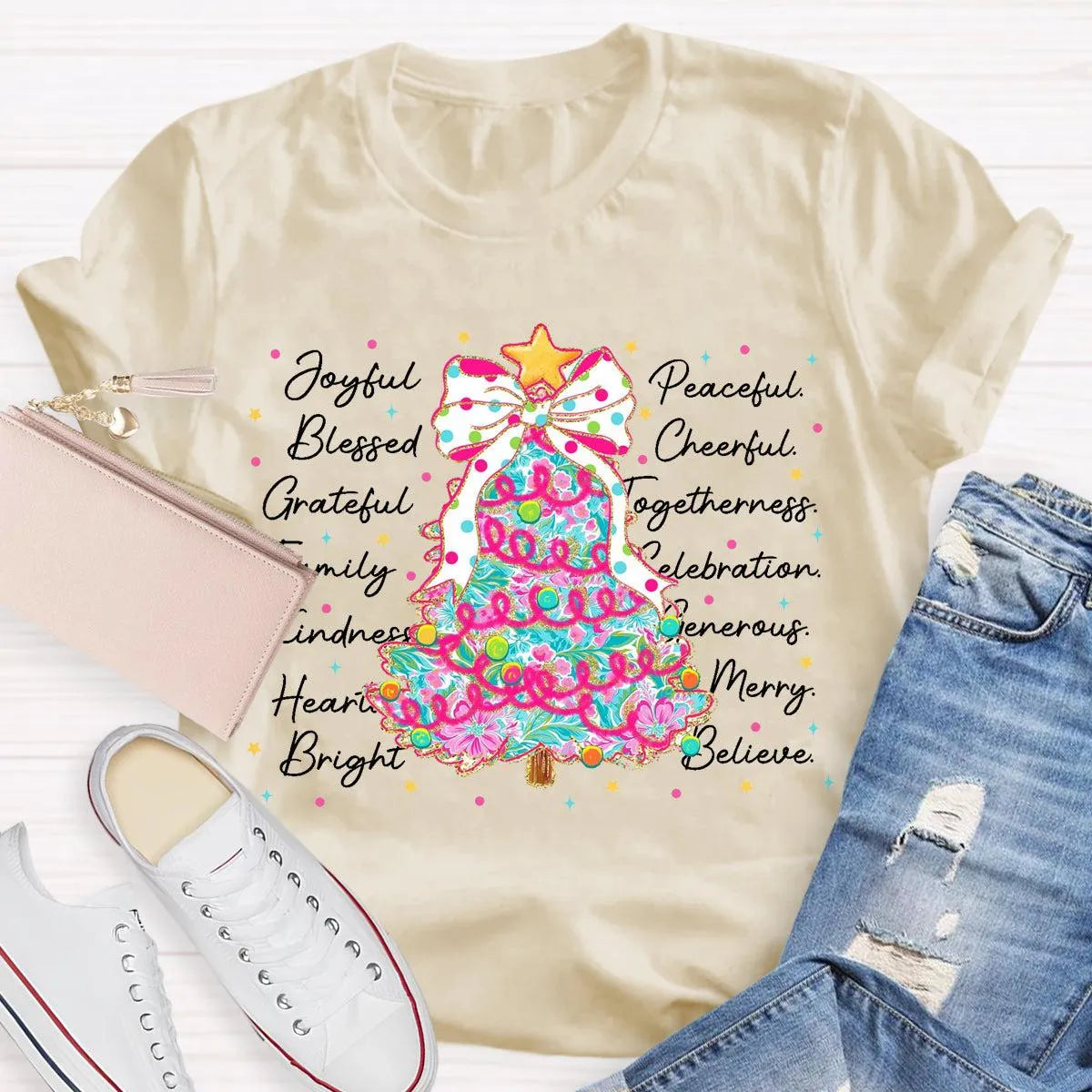 Aesthetic Holiday Graphic Tee, Joyful Peaceful Cheerful Christmas Tree T-Shirt, Retro Xmas Tree Shirt, Festive Winter Holiday