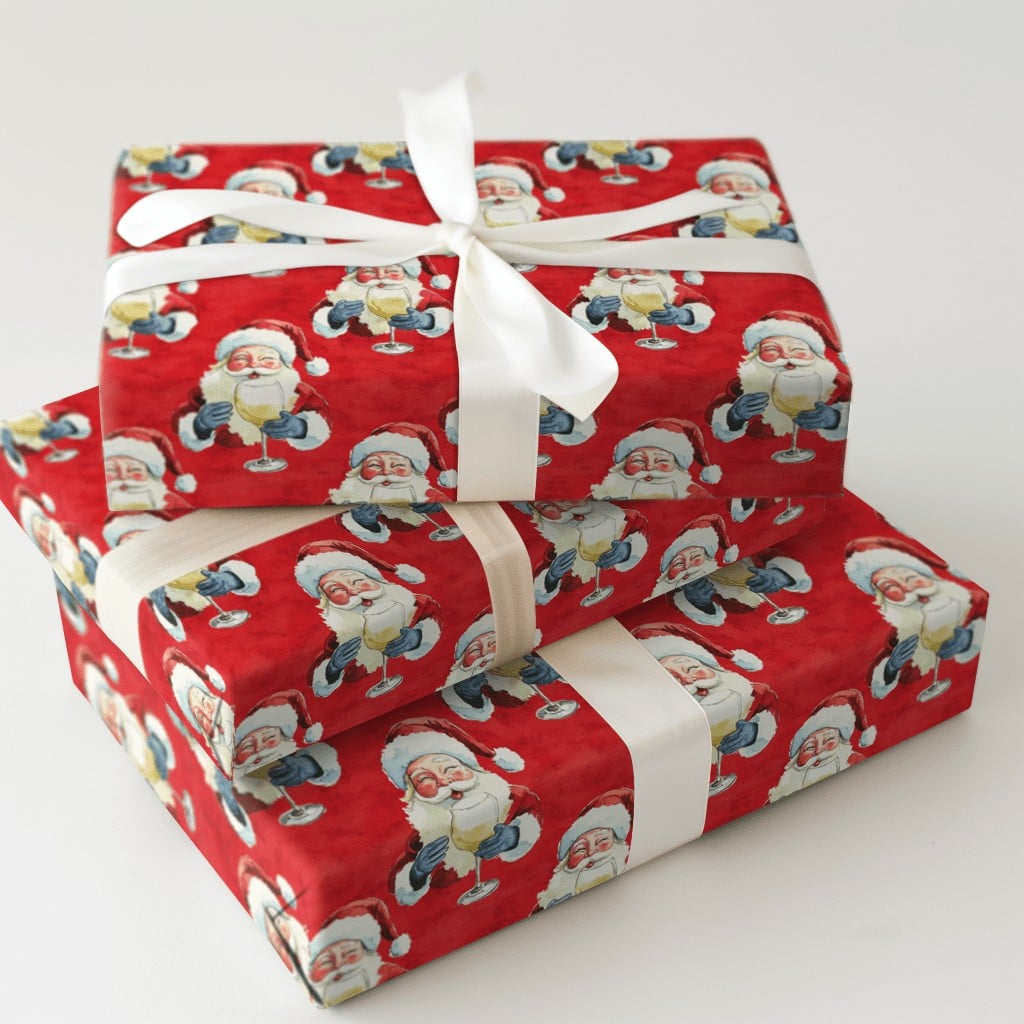 Humorous Red Christmas Gift Wrap, Santa Drinking White Wine Wrapping Paper, Jolly Santa Wine Lover Wrapping Paper, Holiday Pa