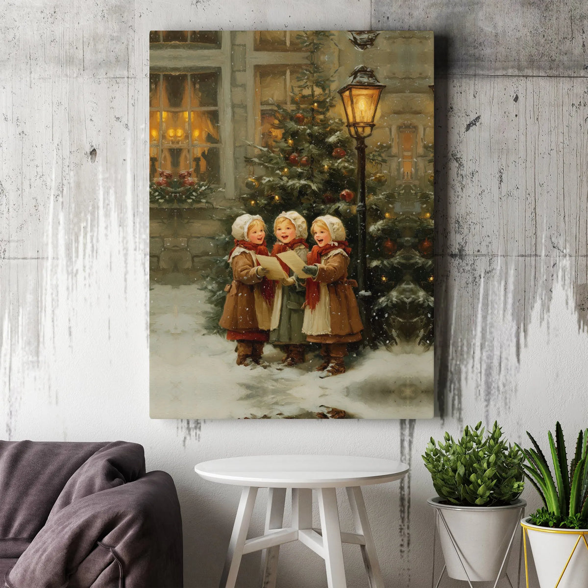 Vintage Snowy Winter Canvas Print, Victorian Christmas Carolers Canvas Wall Art, Holiday Caroling Canvas, Festive Christmas H
