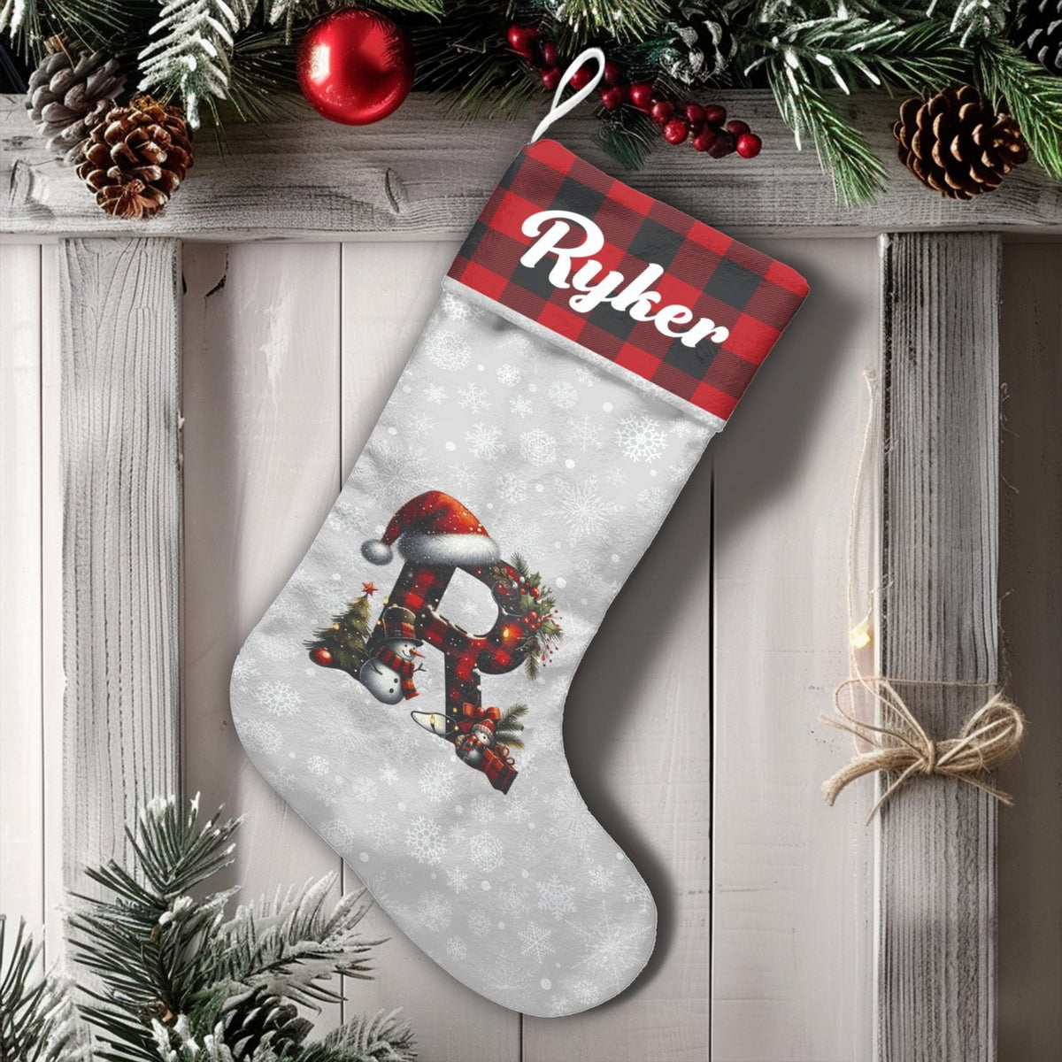 Buffalo Plaid Holiday Stocking, Personalized Monogram R Christmas Stocking, Custom Initial Christmas Stocking, Family Mantel 