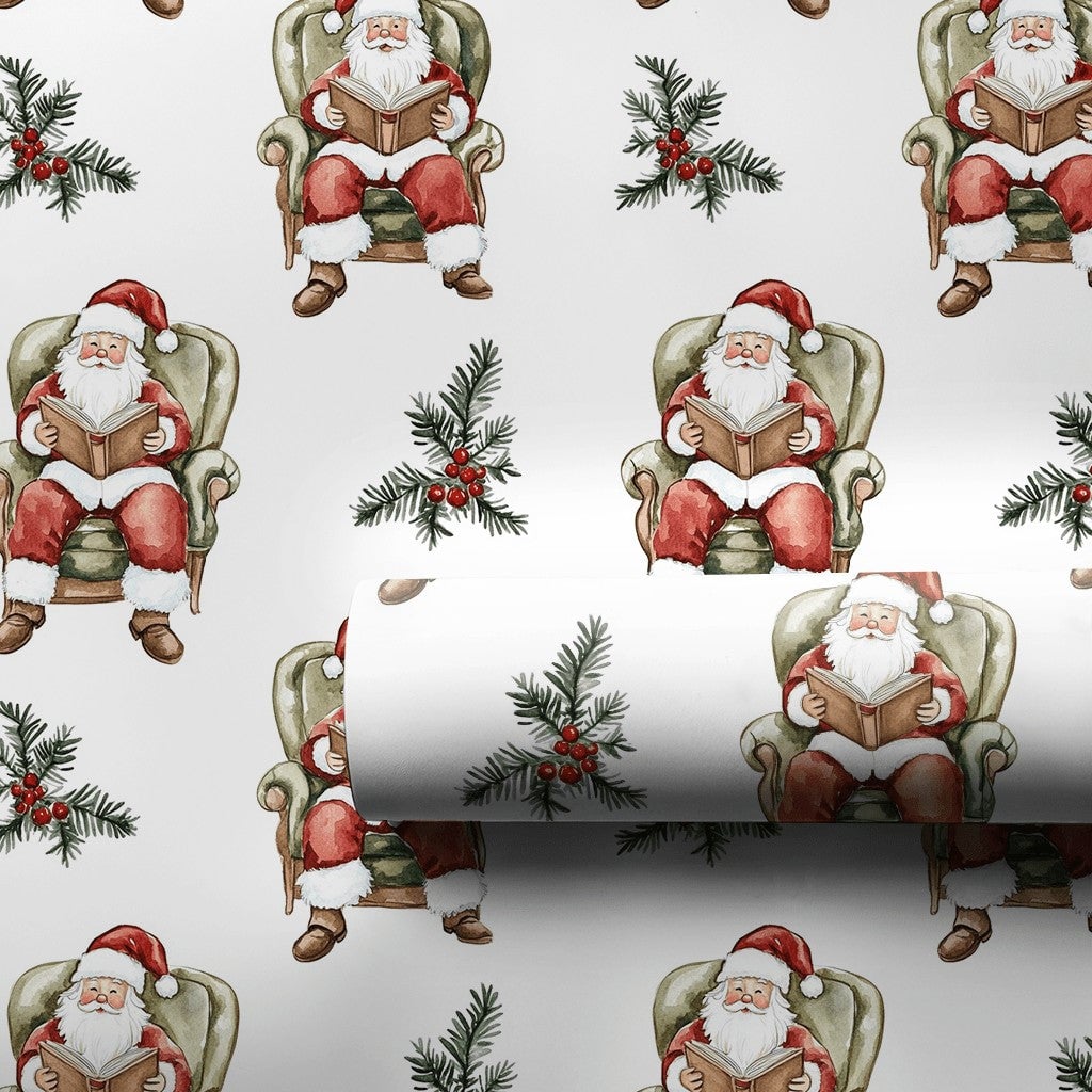 Comfy Bookish Christmas Gift Wrap, Reading Santa Claus Wrapping Paper, Watercolor Santa Present Wrap, Nostalgic Holiday Packa