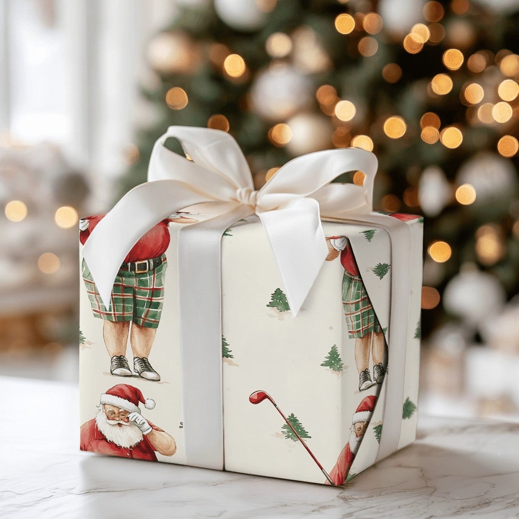 Humorous Christmas Golf Gift Wrap, Golfing Santa Wrapping Paper, Golfer Holiday Wrapping Paper, Plaid Shorts Santa Christmas 