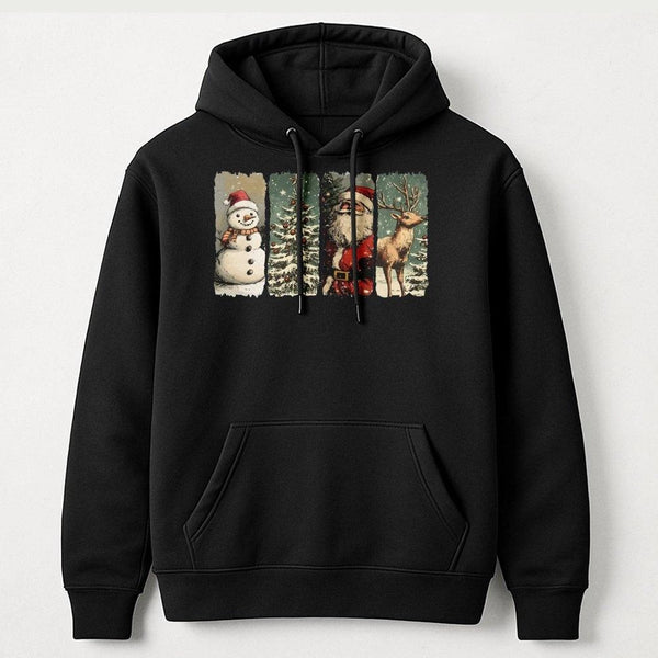 Retro Santa Snowman Tree Sweatshirt, Vintage Christmas Hoodie, Comfy Holiday Hooded Pullover, Xmas Graphic Pocket Hoodie Wint