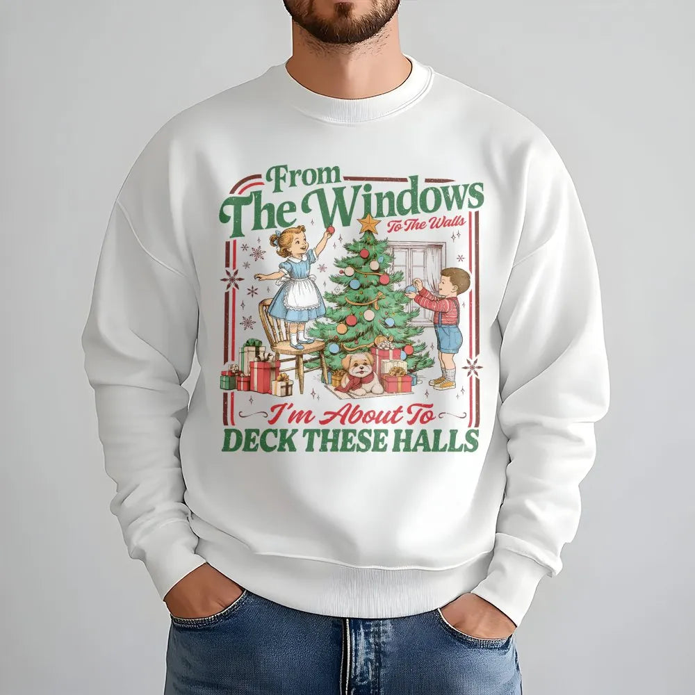 Humorous Retro Holiday Crewneck, Deck the Halls Christmas Sweatshirt, Vintage Christmas Party Sweater, Adorable Holiday Prese