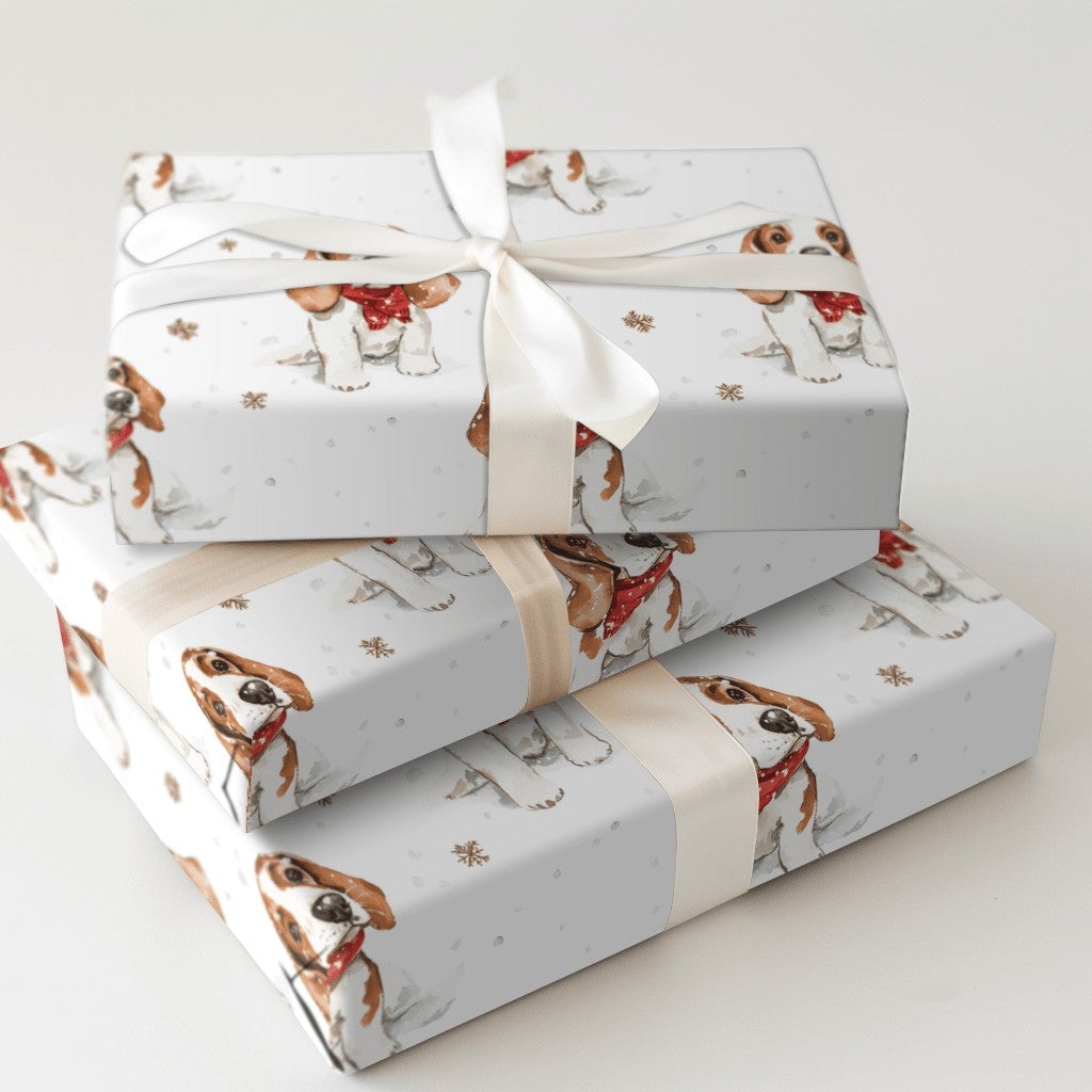 Puppy in Snow Holiday Gift Wrap Roll, Basset Hound Christmas Wrapping Paper, Winter Dog Xmas Wrapping Paper, Dog Lover Holida