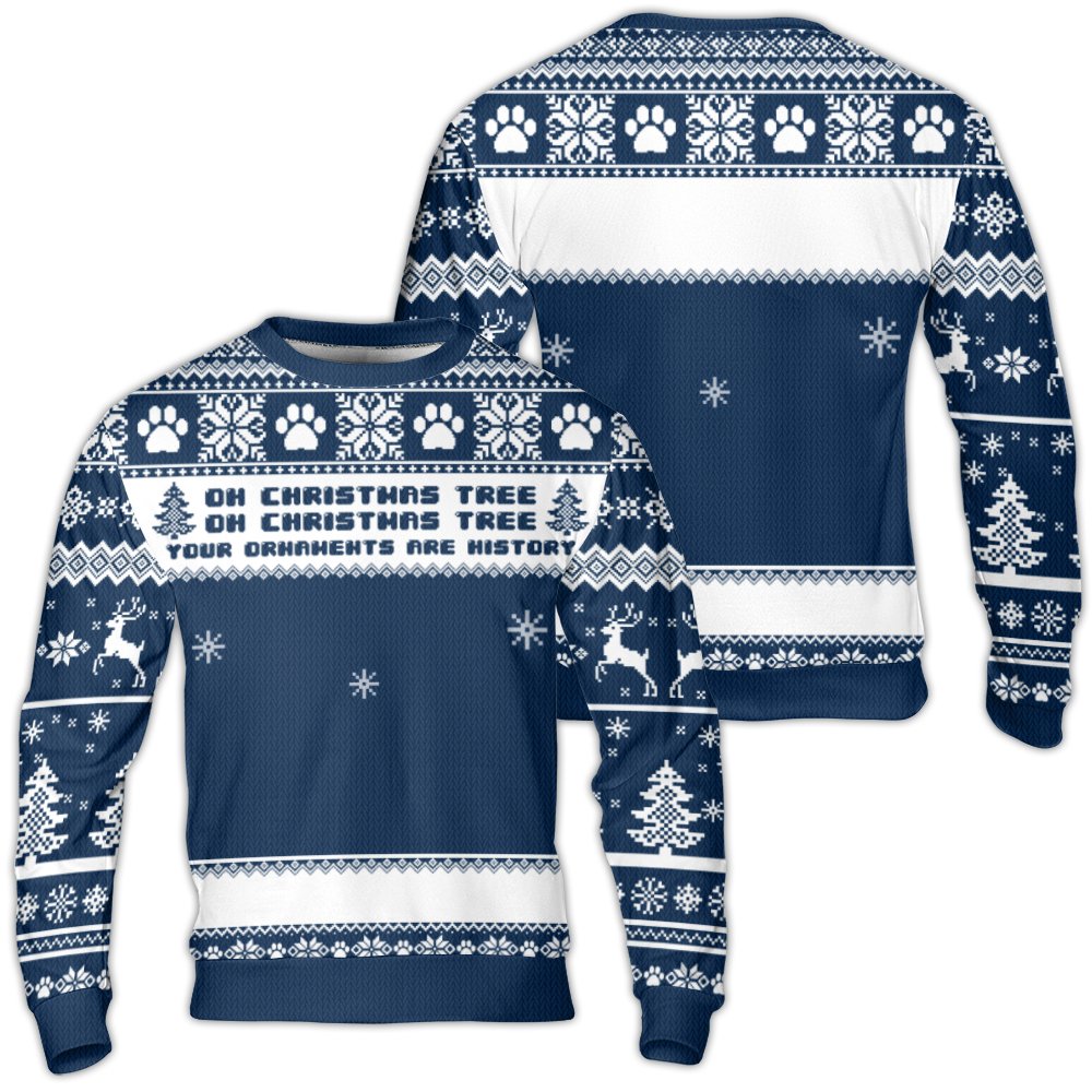 Oh Christmas Tree Paw Print Holiday Sweatshirt, Dog Lover Ugly Christmas Sweater, Humorous Pet Parent Fleece Party Crewneck