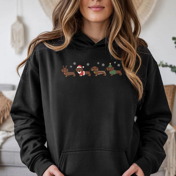 Humorous Wiener Dog Santa Hat Hooded Sweatshirt, Christmas Dachshund Hoodie, Holiday Puppy Graphic Sweater, Xmas Dog Mom Love
