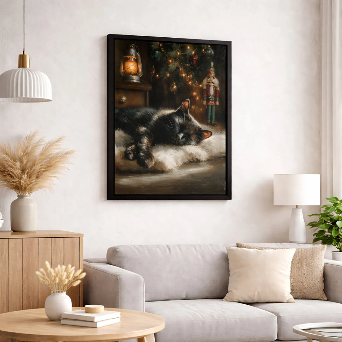Christmas Tree Nutcracker Canvas Print, Sleeping Black Cat Canvas Wall Art, Holiday Cat Canvas Decor, Comfy Winter Wall Art, 