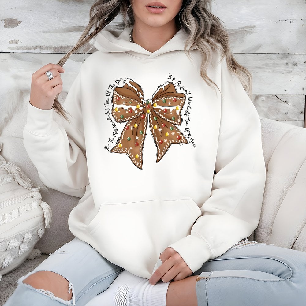 Coquette Gingerbread Hoodie, Gingerbread Bow Christmas Hoodie, Adorable Holiday Aesthetic Sweatshirt, Pastel Xmas Pullover, C