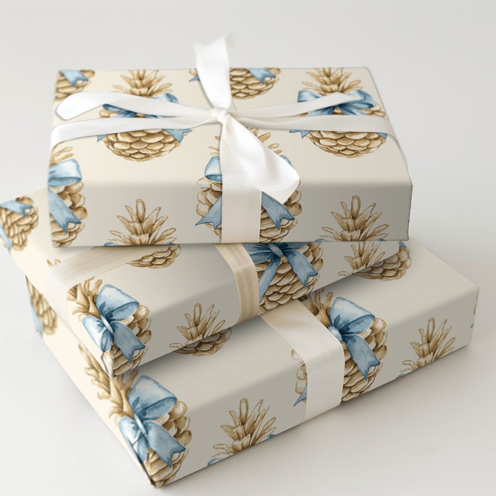 Blue Bow Winter Gift Wrap, Rustic Pinecone Christmas Wrapping Paper, Watercolor Pinecone Wrapping Paper, Elegant Holiday Gift