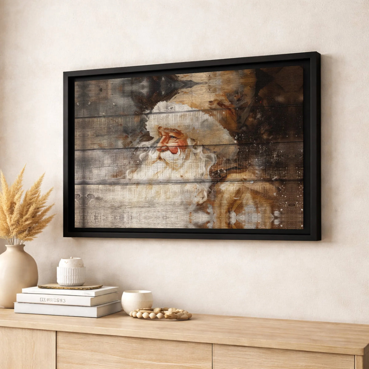 Vintage Wood Plank Canvas Print, Rustic Santa Claus Canvas Wall Art, Farmhouse Christmas Canvas Decor, Holiday Wall Art, Livi