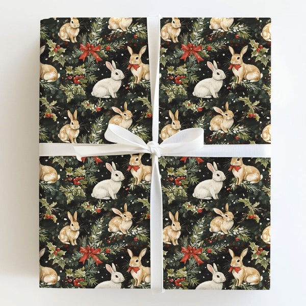 Rustic Winter Rabbit Gift Wrap, Woodland Bunny Christmas Wrapping Paper, Holiday Pine Berry Wrapping Paper, Comfy Woodland An