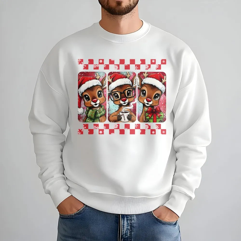Checkered Holiday Reindeer Sweater, Retro Christmas Reindeer Sweatshirt, Adorable Xmas Crewneck, Festive Reindeer Pullover, T