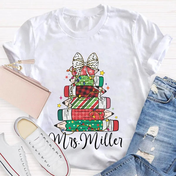 Colorful Crayons Bows Holiday Shirt, Personalized Christmas T-Shirt, Custom Name Kids Xmas Graphic Tee, Festive School Party 