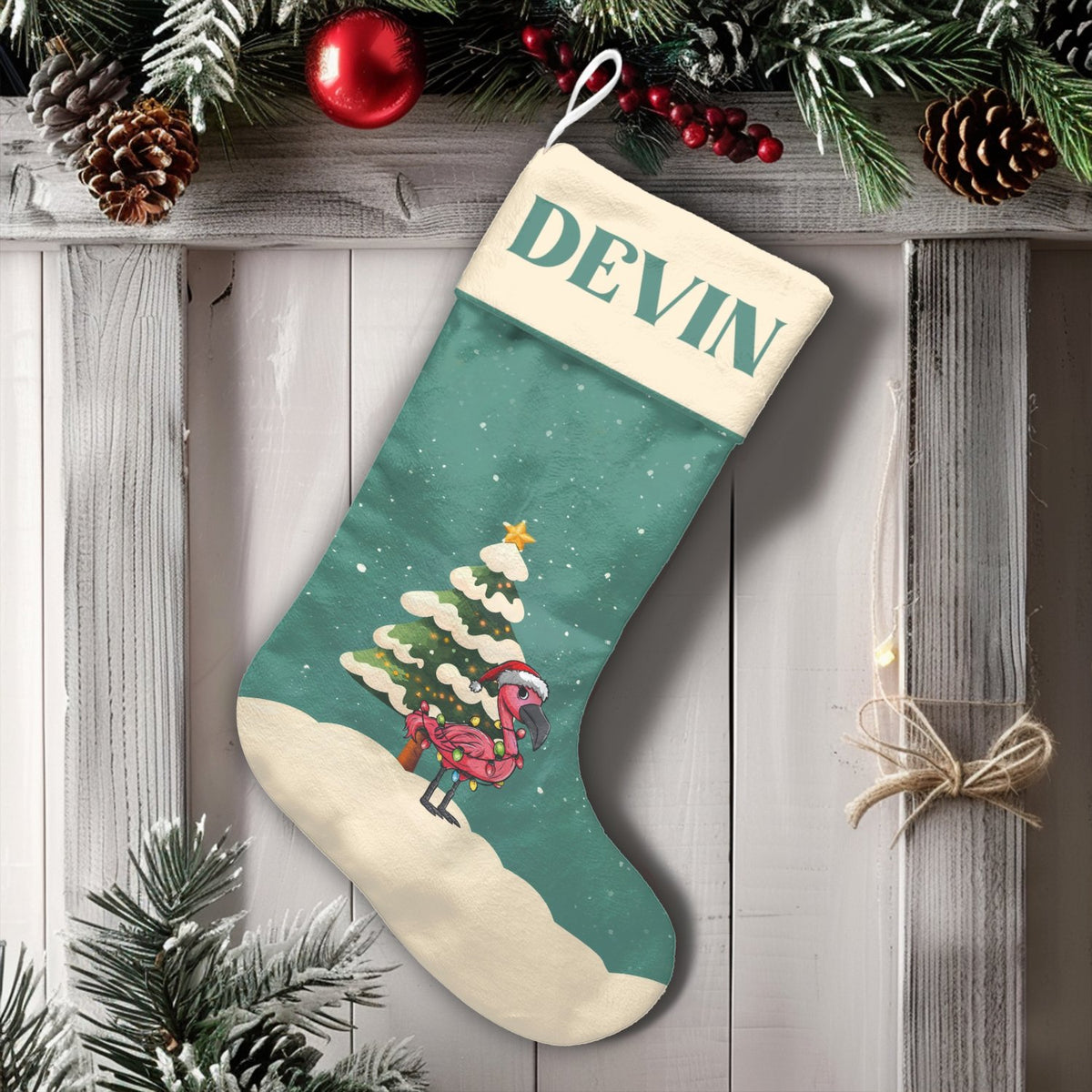 Tropical Bird Holiday Stocking, Pink Flamingo Christmas Stocking, Personalized Christmas Stocking, Coastal Fireplace Mantel D