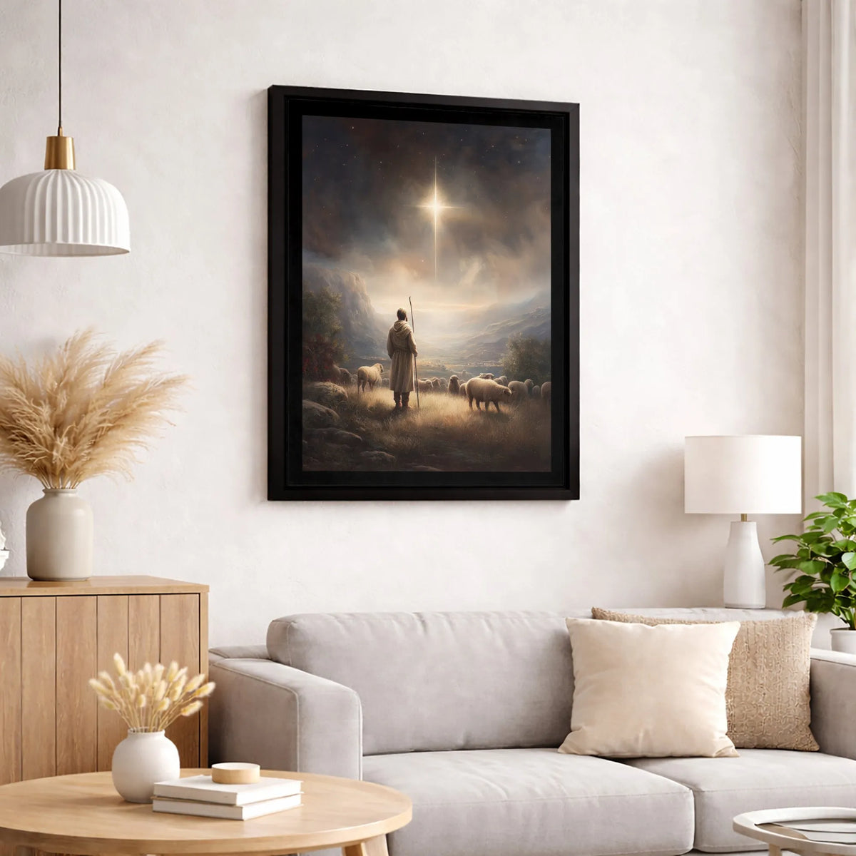 Holy Night Christian Canvas Wall Art, Nativity Shepherd Under Star of Bethlehem Canvas Print, Religious Christmas Manger Wall