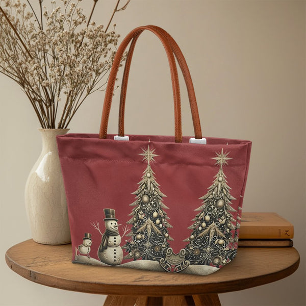 Snowman and Holiday Tree Shoulder Bag, Vintage Christmas Tote Bag, Festive Winter Handbag, Large Commuter Tote Bag, Present f