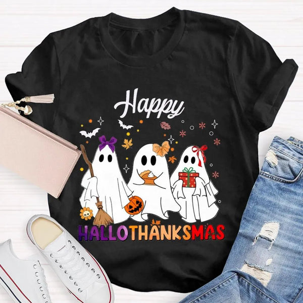 Adorable Three Ghosts Holiday Tee, Happy Hallothankmas T-Shirt, Halloween Thanksgiving Christmas Shirt, Humorous Ghost Graphi