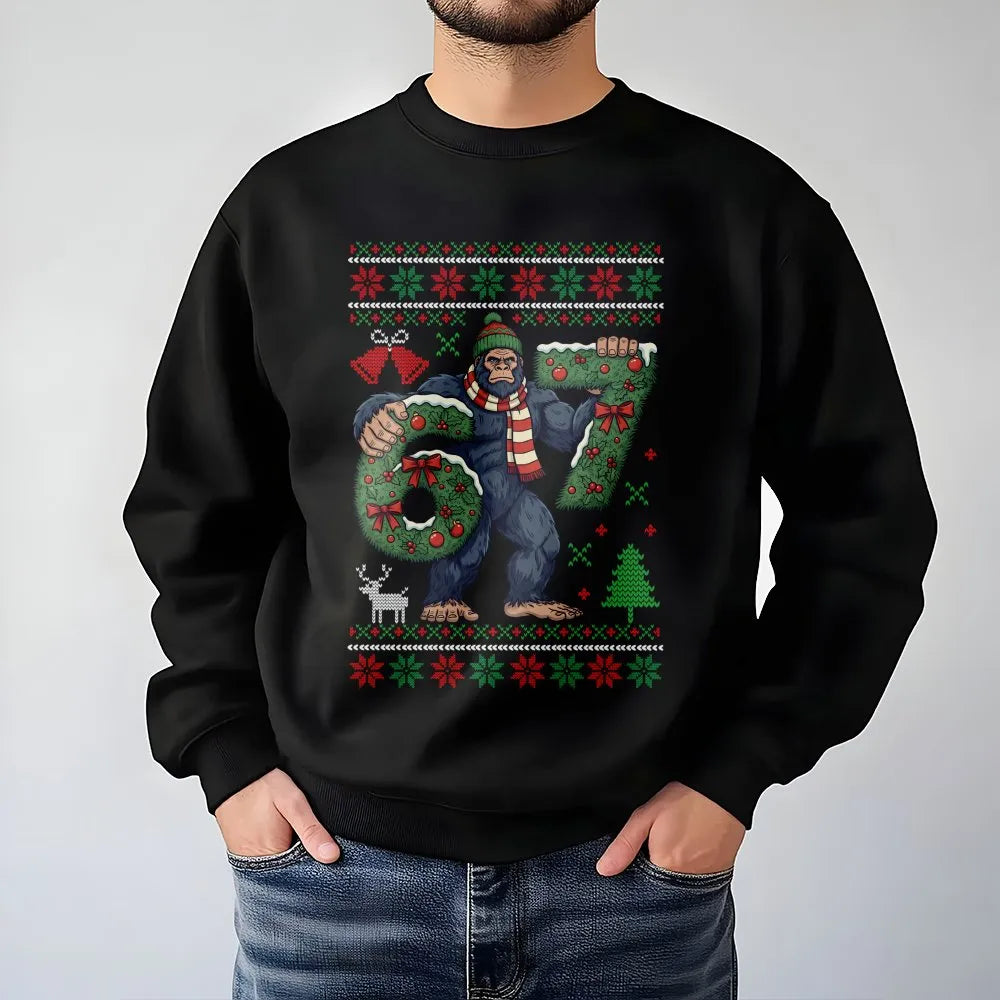 Humorous Sasquatch Christmas Sweatshirt, Bigfoot 67 Christmas Sweatshirt, Ugly Pattern Holiday Sweatshirt, Winter Sasquatch C