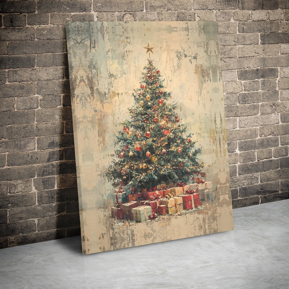 Vintage Tree with Wrapped Presents Print, Rustic Christmas Tree Wall Art, Comfy Holiday Art Poster, Seasonal Digital Download