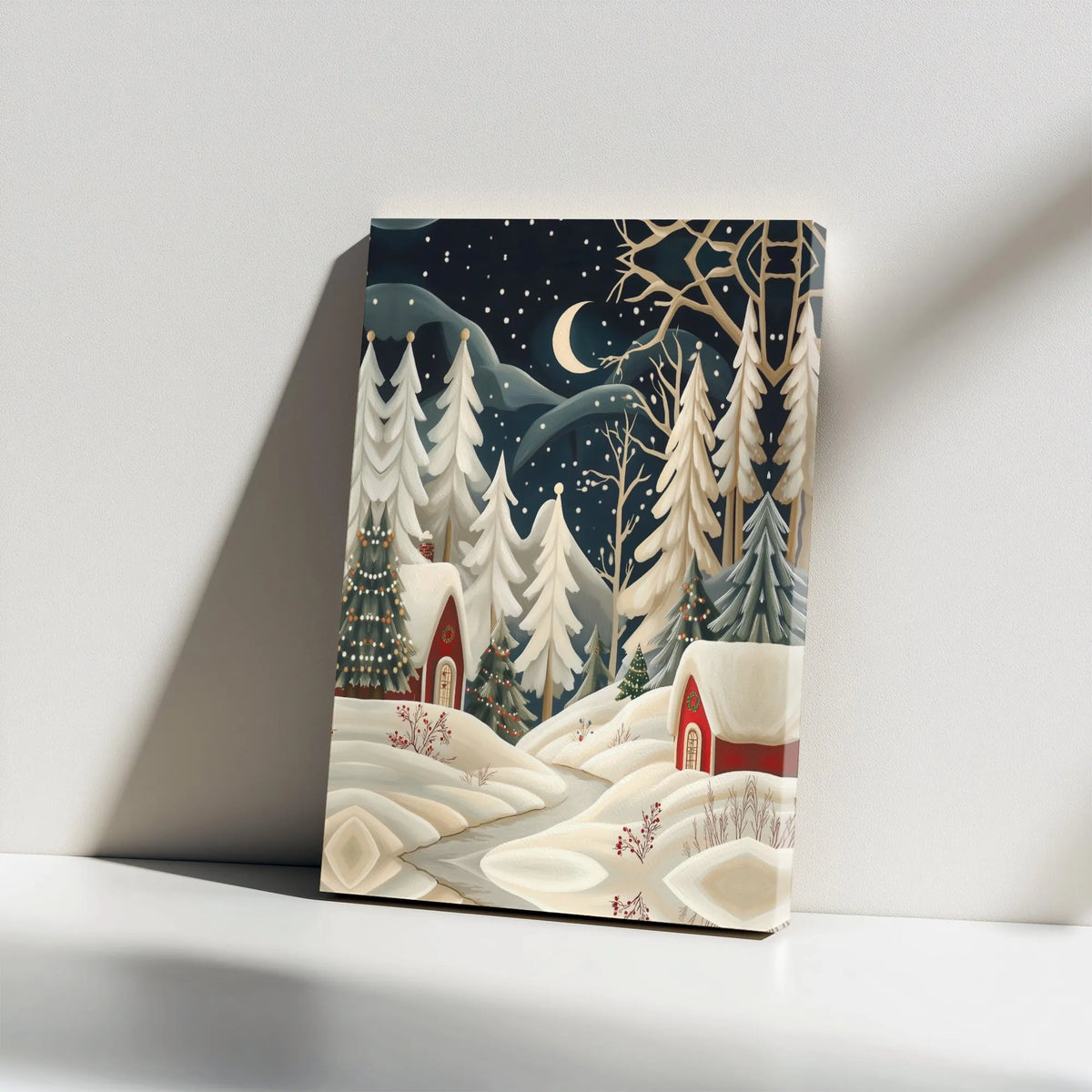 Snowy Winter Forest Canvas, Christmas Village Canvas Wall Art, Comfy Night Landscape Print, Holiday Christmas Canvas, Winter 