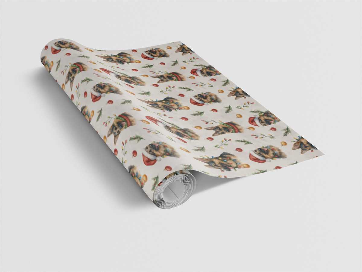 German Shepherd Dog Holiday Gift Wrap, German Shepherd Christmas Wrapping Paper, Santa Hat Pup Wrapping Paper, Dog Lover Xmas