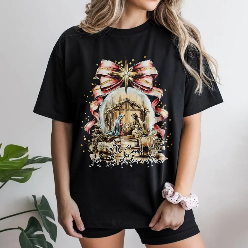 Oh Come Let Us Adore Him T-Shirt, Nativity Scene T-Shirt, Christian Christmas Graphic Tee, Holy Family Faith Shirt, Holiday C