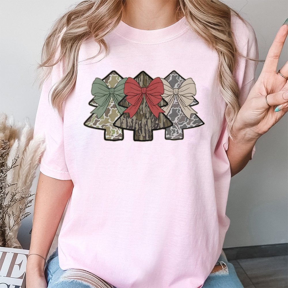 Coquette Bow Festive Camouflage Holiday Tee, Camo Christmas Tree T-Shirt, Southern Country Hunting Xmas Shirt, Hunting Lover 