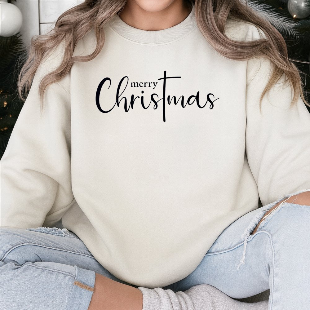 Religious Christian Holiday Crewneck, Merry Christmas Cross Sweatshirt, Faith Based Jesus Scripture Pullover, Meaningful Xmas