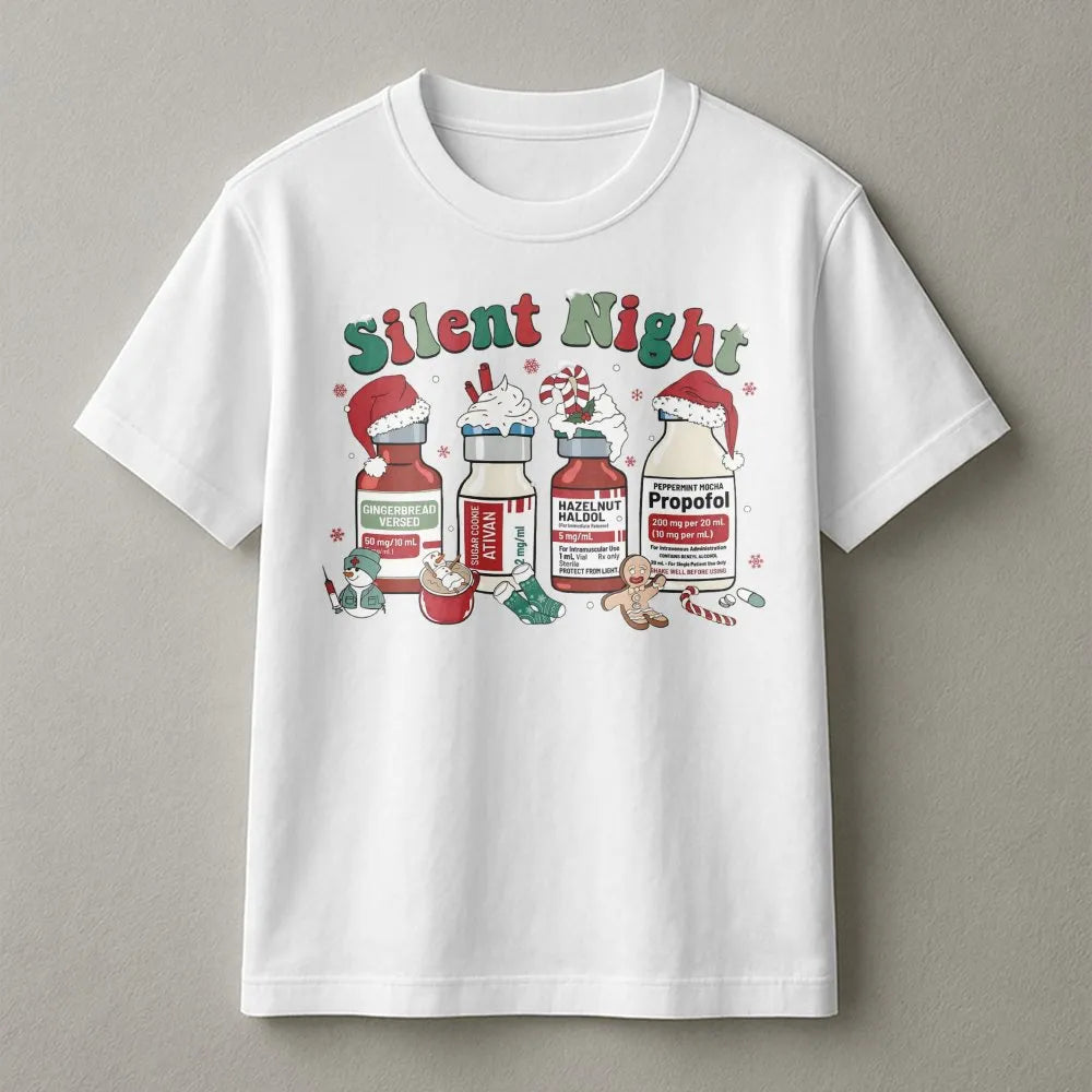 Humorous Medical Scrub T-Shirt, Silent Night Christmas T-Shirt, Nurse Holiday Graphic Tee, ICU RN Healthcare Christmas T-Shir
