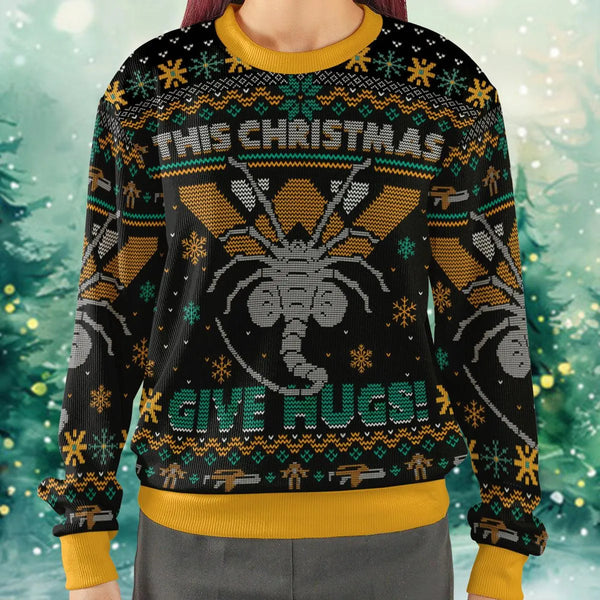 Xenomorph Facehugger Holiday Sweater, Alien Give Hugs Ugly Christmas Sweatshirt, Humorous Sci-Fi Movie Xmas All Over Print Pu