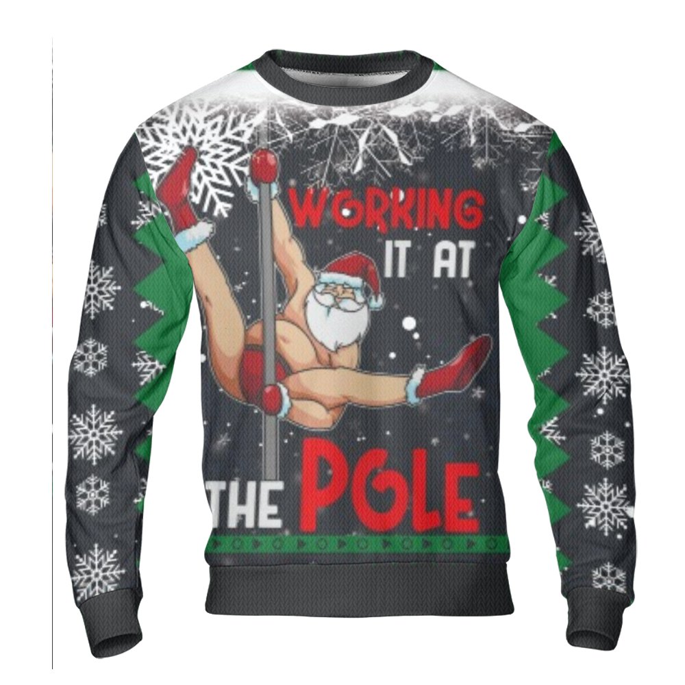 Humorous Pole Dancing Santa Sweatshirt, Working It at the Pole Ugly Christmas Sweater, Naughty Xmas Party Crewneck, Holiday H