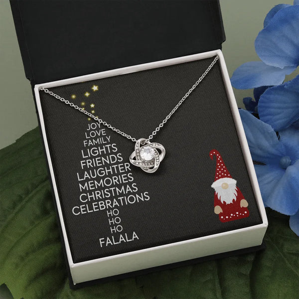 Holiday Gnome Word Art Love Knot Necklace, Christmas Love Knot Necklace, 14k White Gold Over Stainless Steel Pendant Necklace