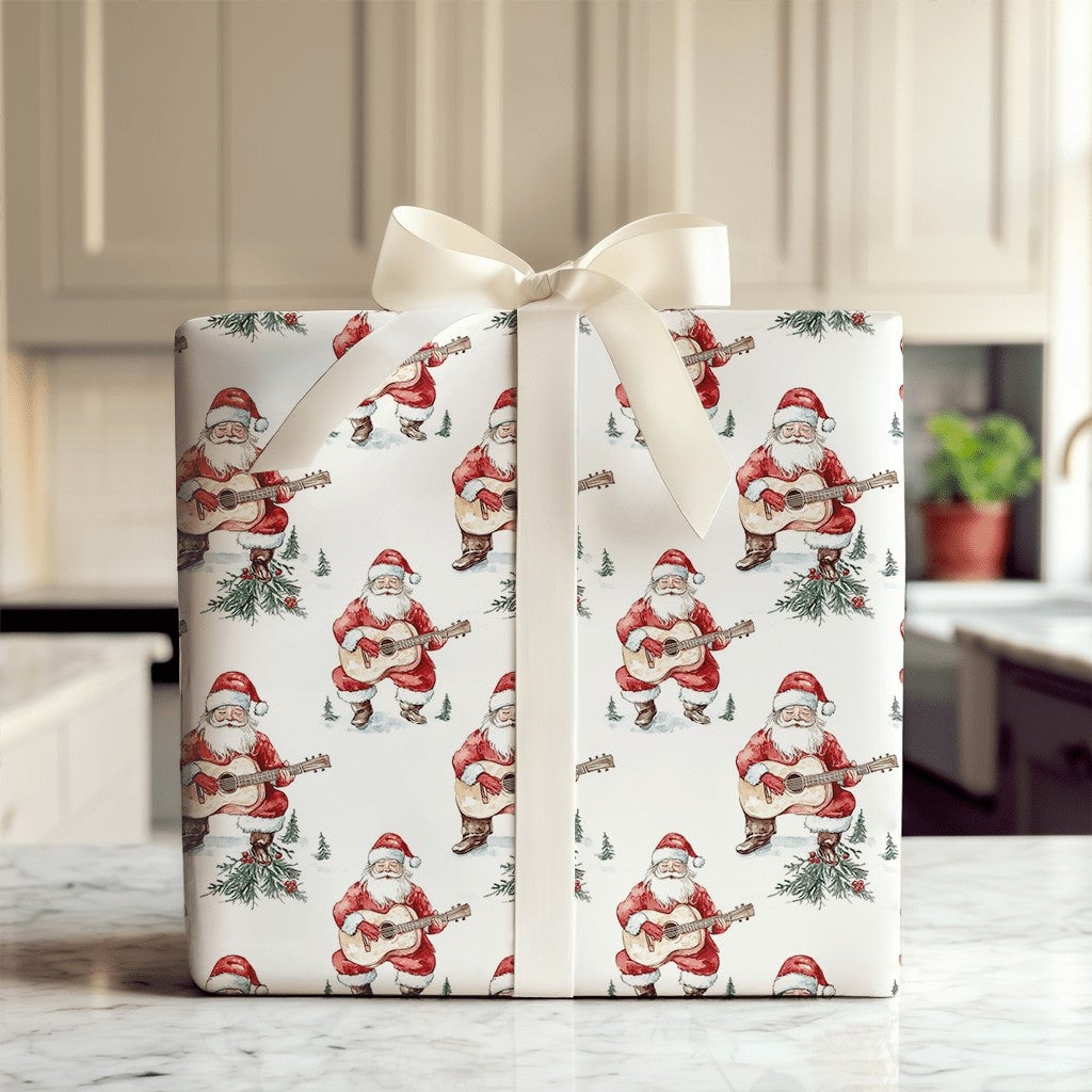 Acoustic Guitar Santa Wrapping Paper, Watercolor Santa Guitar Wrapping Paper, Musician Christmas Wrapping Paper, Holiday Gift