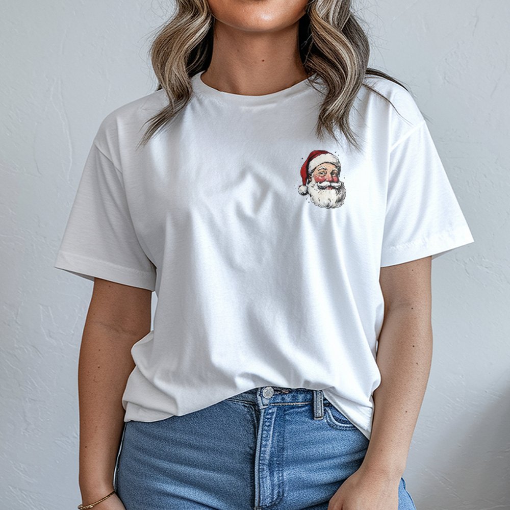 Minimalist Santa Graphic Tee, Santa Claus Pocket Shirt, Festive Christmas T-Shirt, Holiday Season Pocket Shirt, Adorable Xmas