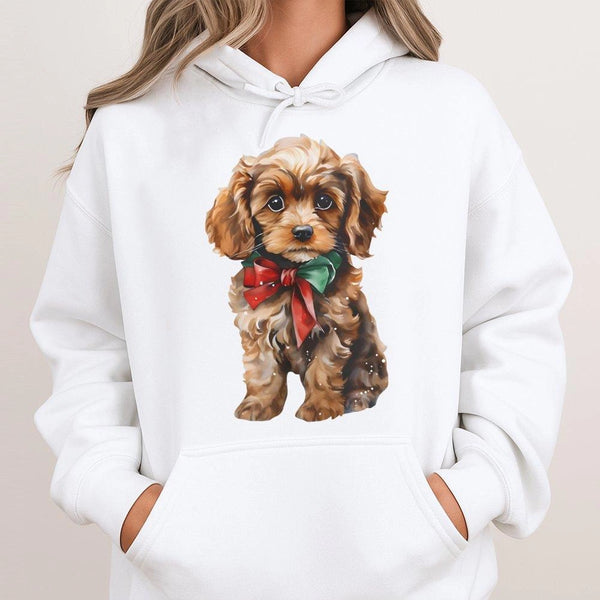 Puppy with Red Bow Holiday Sweatshirt, Cavapoo Christmas Hoodie, Adorable Dog Lover Hooded Sweater, Festive Cavapoo Christmas