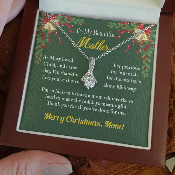 Cubic Zirconia Ribbon Necklace, Mom Ribbon Pendant Necklace, 14k White Gold Ribbon Pendant, Sparkly Mom Necklace, Christmas P