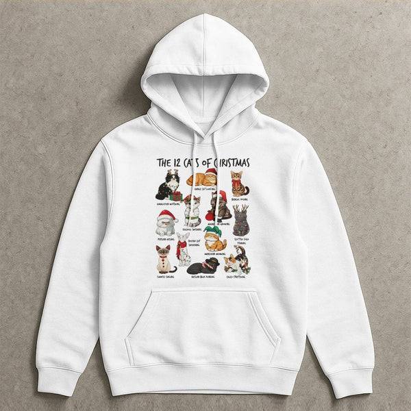 Festive Kitten Illustration Sweatshirt, 12 Cats of Christmas Hoodie, Adorable Cat Lover Holiday Pullover, Humorous Pet Owner 