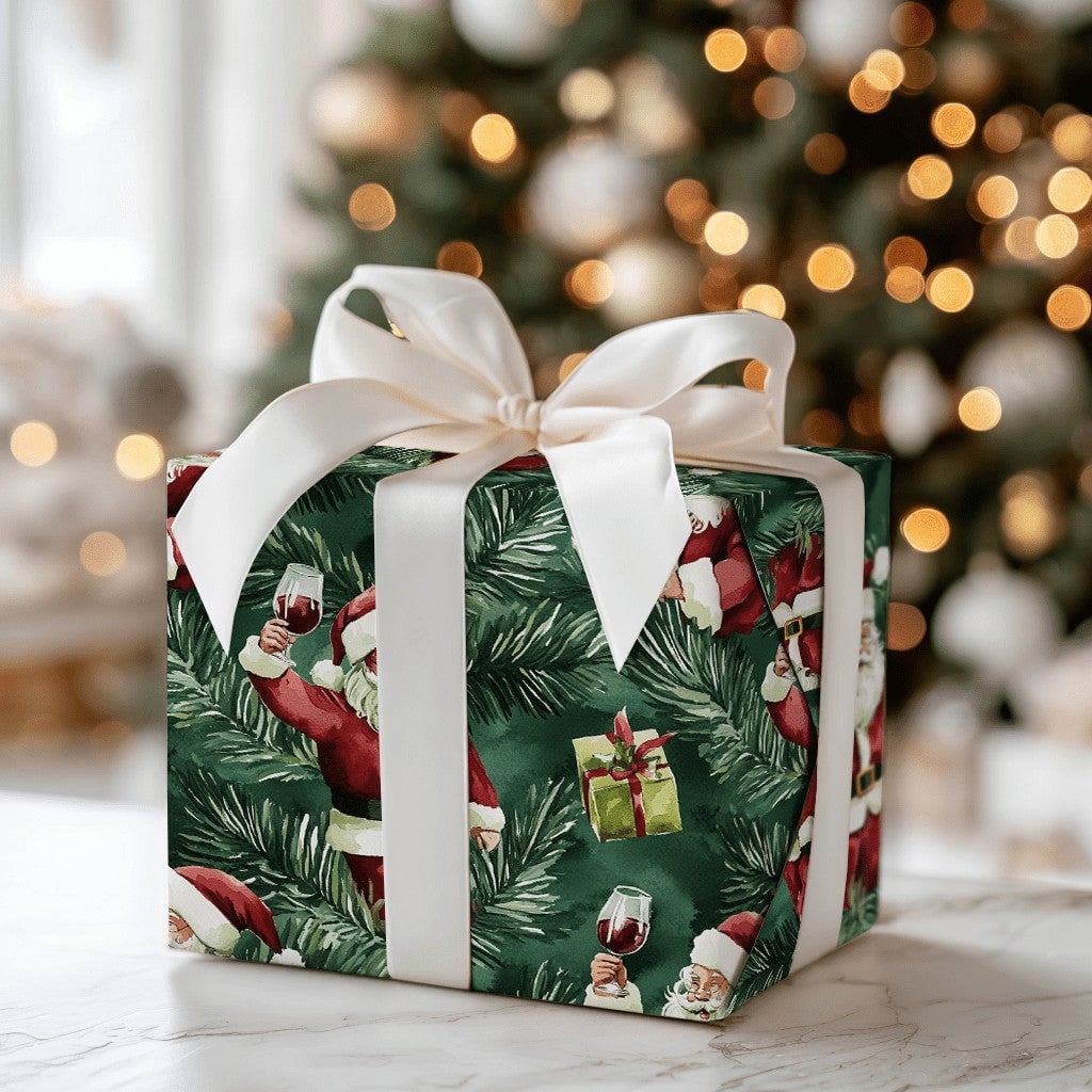 Humorous Wine Lover Gift Wrap, Santa Wine Toast Christmas Wrapping Paper, Holiday Santa Claus Wrapping Paper, Festive Pine Pr