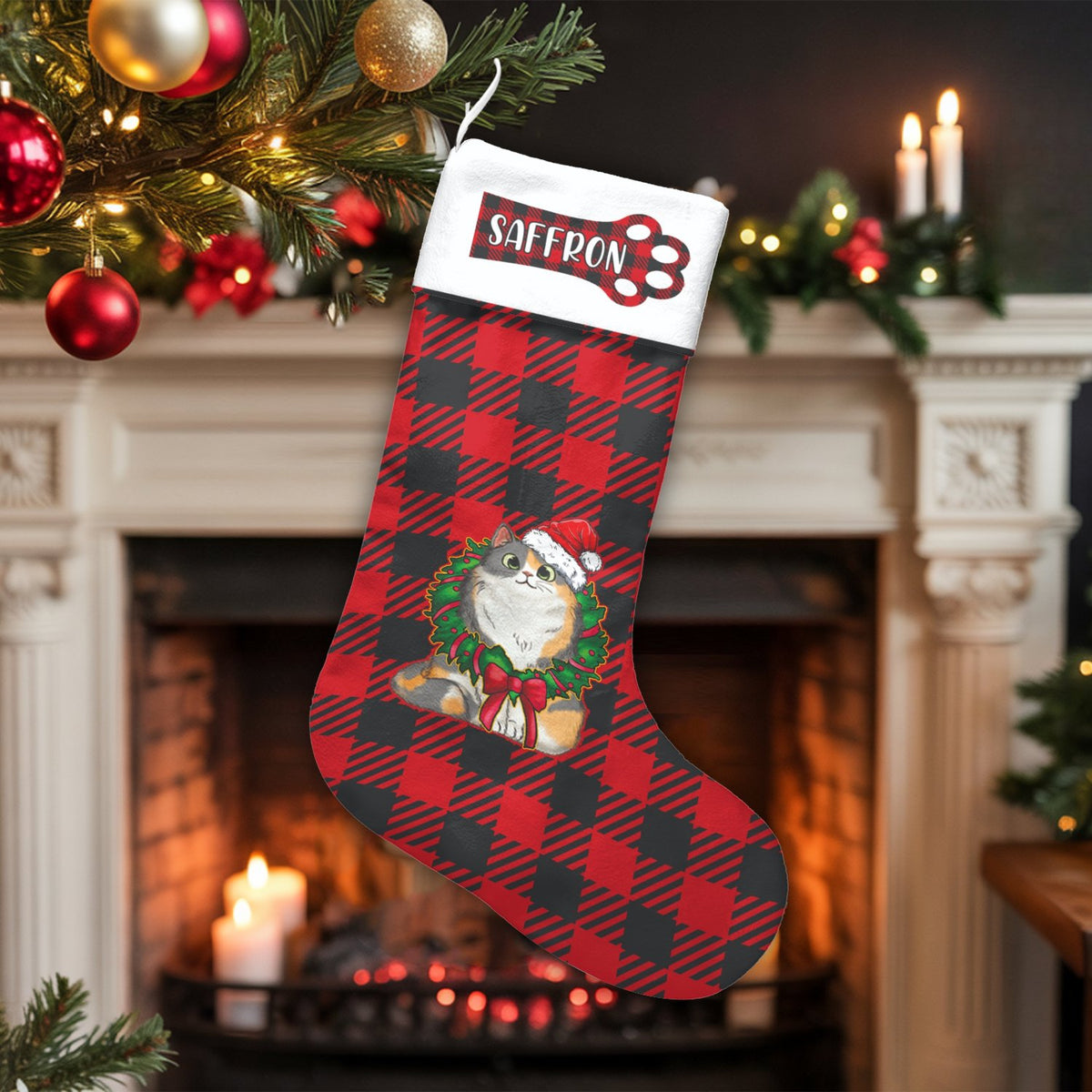 Calico Kitty Santa Hat Stocking, Personalized Cat Christmas Stocking, Custom Pet Christmas Stocking, Velboa Holiday Decor for