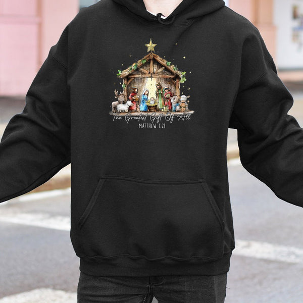 The Greatest Present of All Sweatshirt, Nativity Scene Hoodie, Christian Christmas Pullover Hoodie, Religious Holiday Hooded 