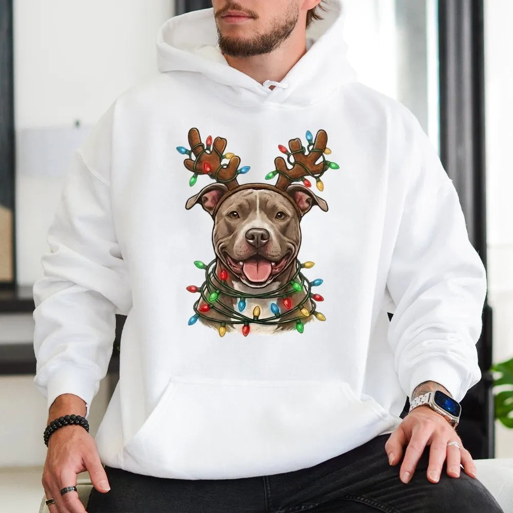 Reindeer Antler Dog Hoodie, Pitbull Christmas Hoodie, Pitbull Holiday Lights Sweatshirt, Festive Dog Mom Pullover, Dog Lover 