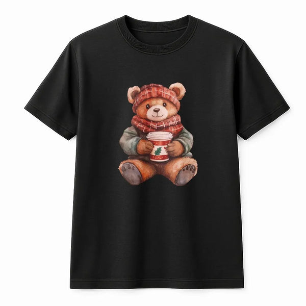 Adorable Holiday Coffee Drinking Teddy Bear Graphic Tee, Christmas Bear T-Shirt, Comfy Winter Festive Shirt, Christmas Season