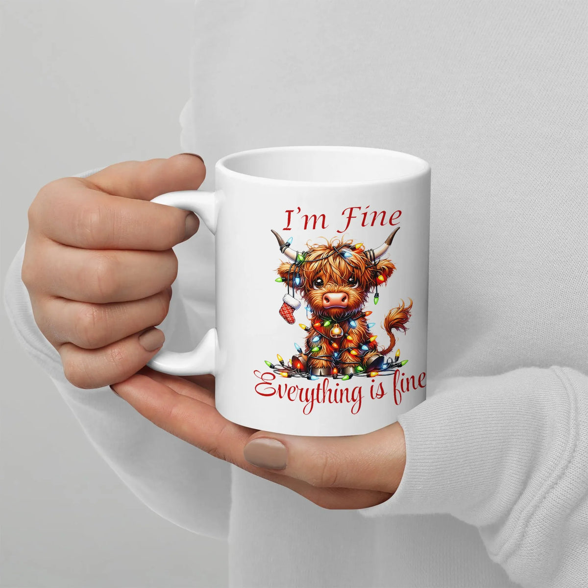 Tangled Lights Coffee Cup, Highland Cow Christmas Mug, Im Fine Everything Is Fine Ceramic Mug, Holiday Cow Lover Present, Sec