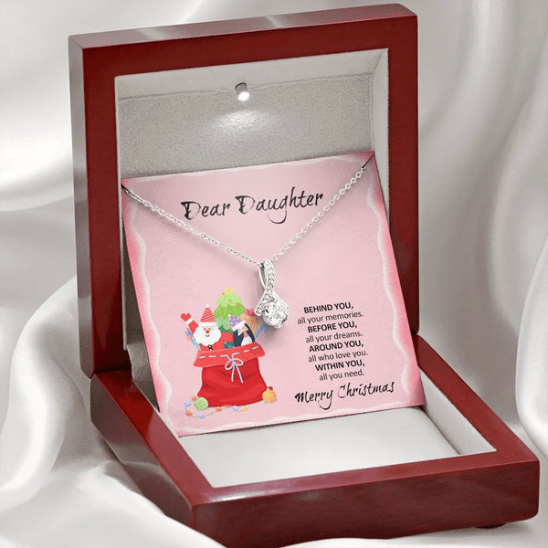 Cubic Zirconia Christmas Necklace, Daughter Ribbon Pendant Necklace, 14k White Gold Finish Daughter Necklace, Holiday Present