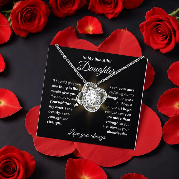 Sparkling CZ Crystal Pendant Necklace, Daughter Love Knot Necklace, Gold Finish Jewelry, Meaningful Birthday Christmas Presen