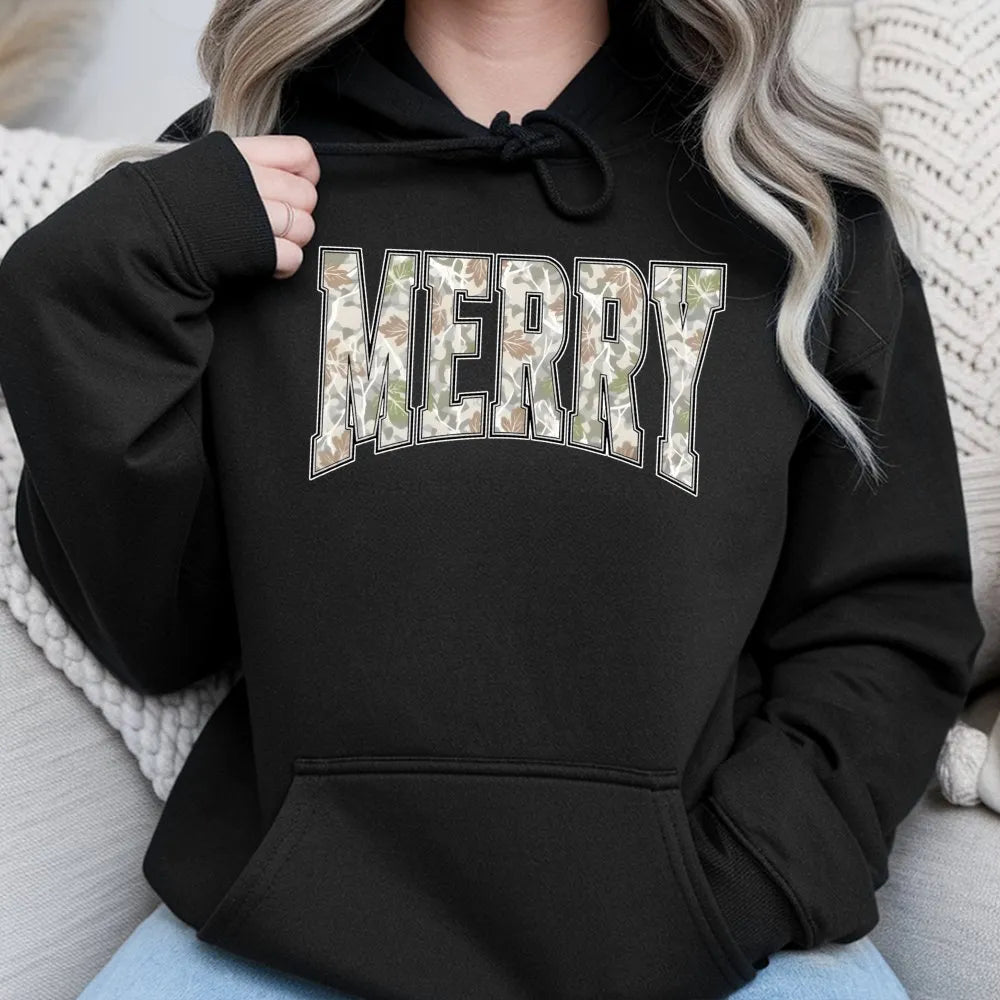 Varsity Letter Camo Hoodie, Merry Christmas Camo Hoodie, Camo Holiday Graphic Sweatshirt, Camouflage Christmas Pullover, Wint