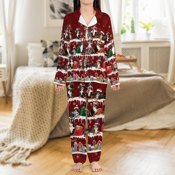 Christmas Dog Pajamas, Bernese Mountain Dog Pajama Set, Holiday Satin Pajama Set, Winter Berner Sleepwear, Adorable Dog Lover